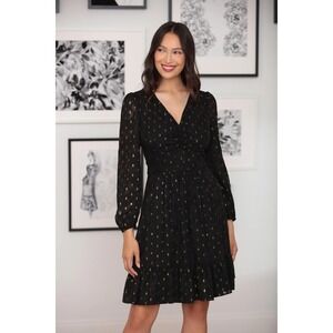 MAGGY LONDON 2 Black & Gold Chiffon Dress V-Neck Ruched Waist Long Sleeve Ruffle